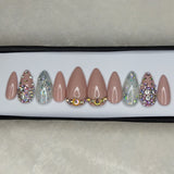 Lux Collection : Glossy Nude Glitter Studded Press on Nails Set // 563