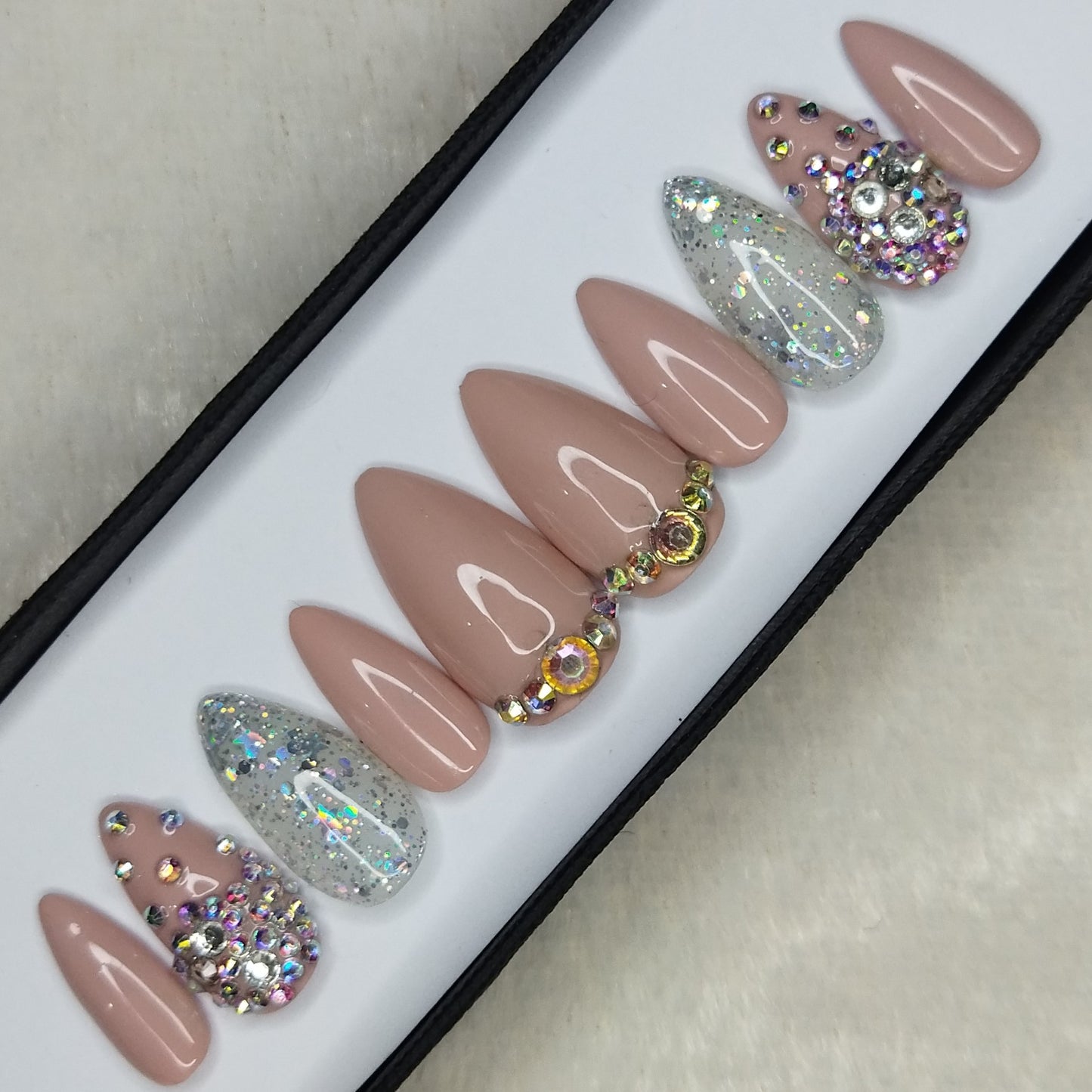 Lux Collection : Glossy Nude Glitter Studded Press on Nails Set // 563