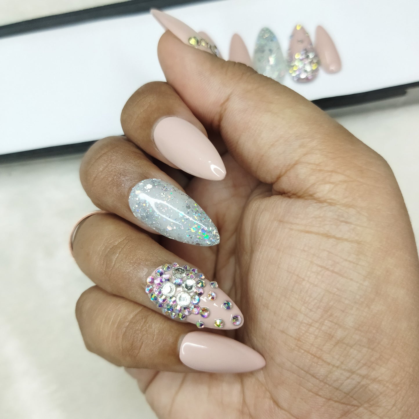 Lux Collection : Glossy Nude Glitter Studded Press on Nails Set // 563