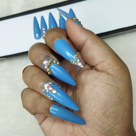 Lux Collection : Glossy Blue Studded Press on Nails Set // 565