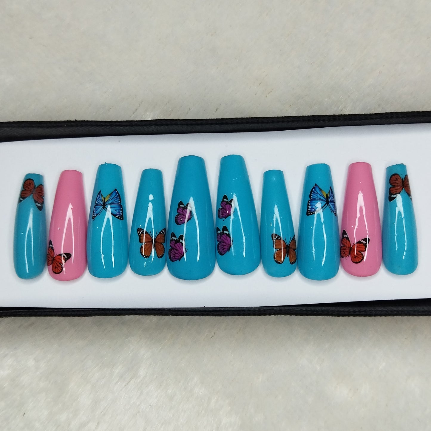 Glossy Blue & Pink Butterflies Press on Nails Set // 600