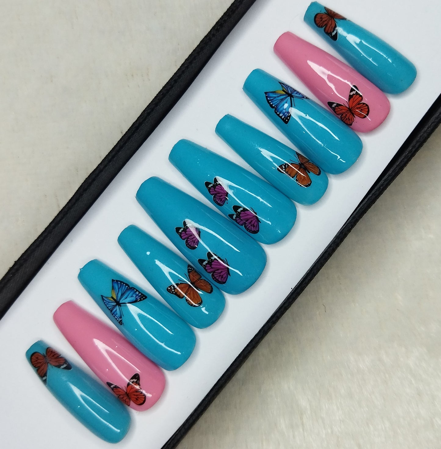 Glossy Blue & Pink Butterflies Press on Nails Set // 600