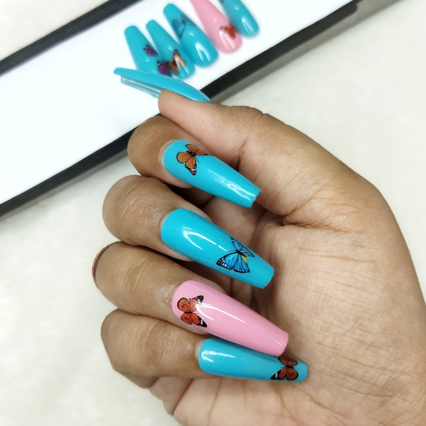 Glossy Blue & Pink Butterflies Press on Nails Set // 600