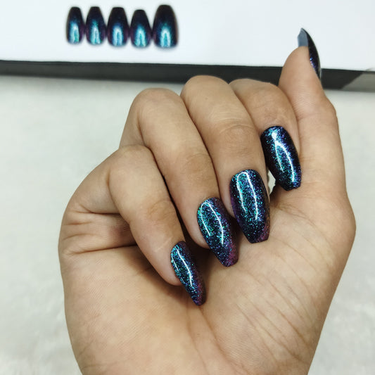 Glossy Blue Multi Chrome Flakes (C03) Print Press on Nails / Fake Nails / Artificial Nails Set // 589