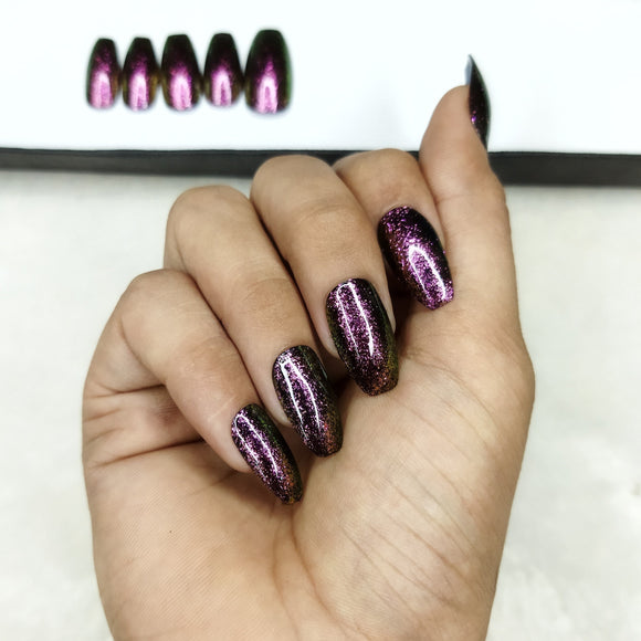 Glossy Pink Multi Chrome Flakes (CO6) Print Press on Nails // 592