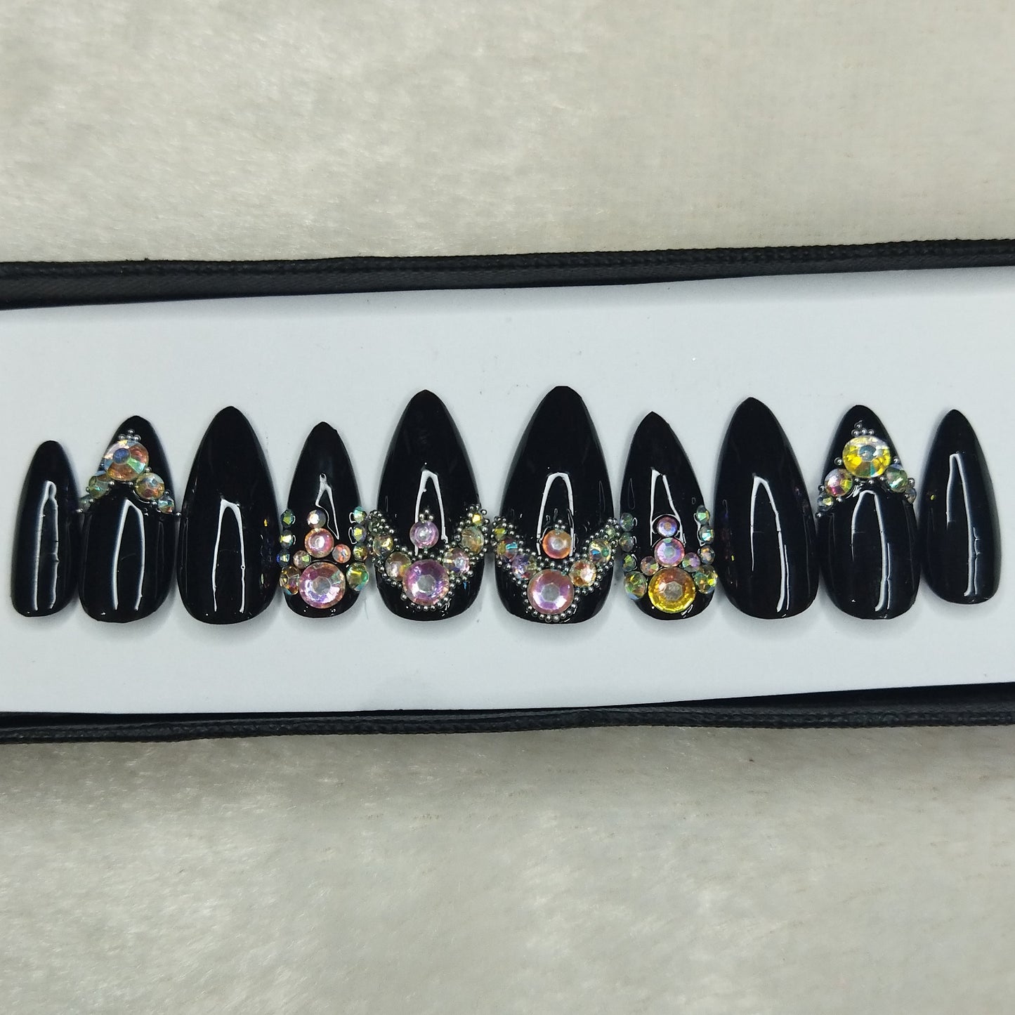 Lux Collection: Glossy Black Studded Print Press on Nails Set // 597