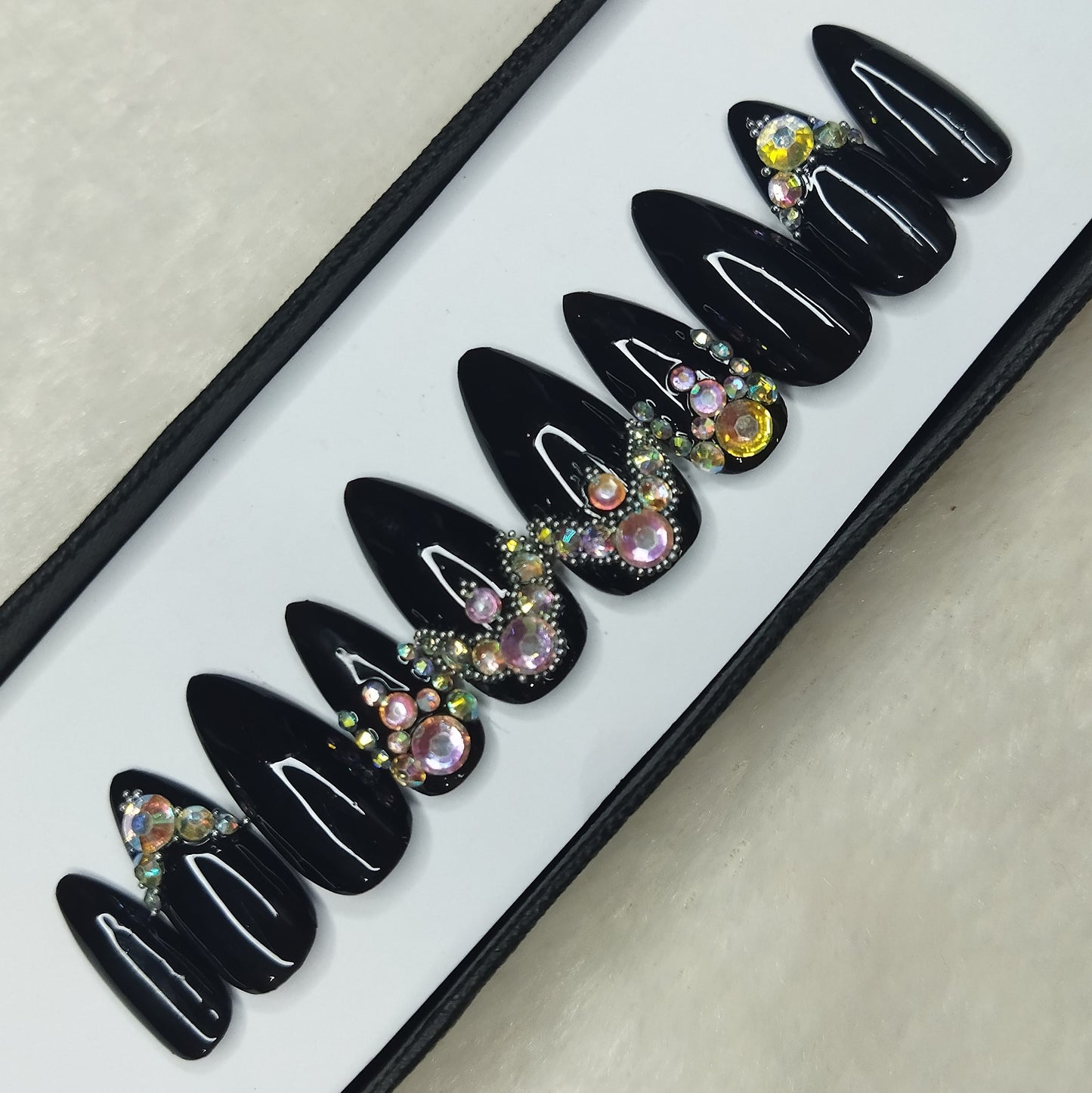 Lux Collection: Glossy Black Studded Print Press on Nails Set // 597