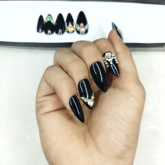 Lux Collection: Glossy Black Studded Print Press on Nails Set // 597