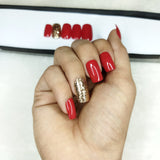 Glossy Red with Golden glitter Press on Nails Set // 375