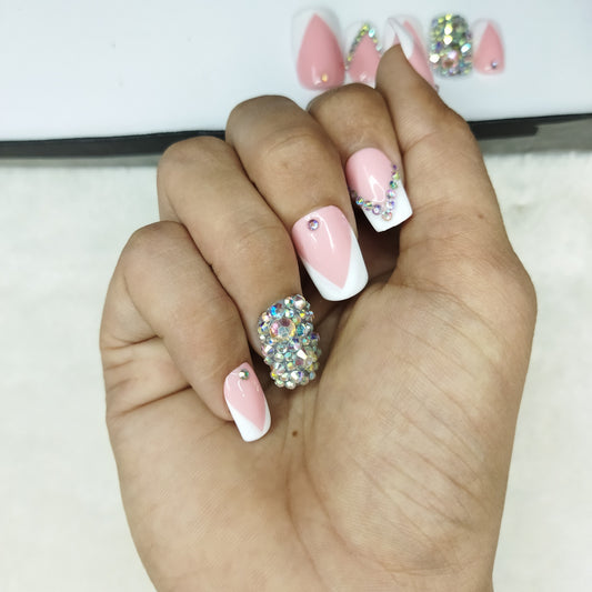 Lux Collection: Glossy Pink French Studded Print Press on Nails Set // 742