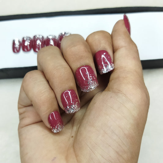 Glossy Dark Rose Glitter Ombre Press on Nails Set // 626