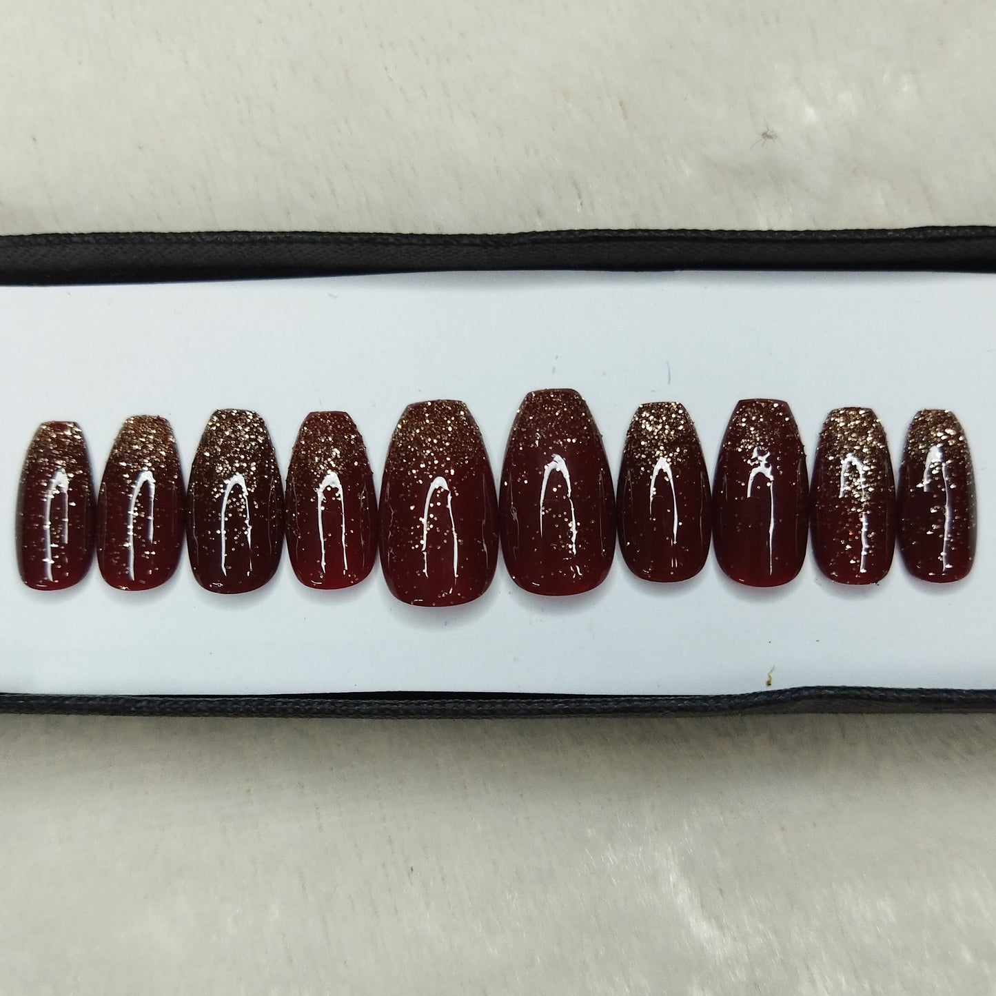 Glossy Maroon Glitter Ombre Print Press on Nails Set // 629