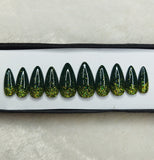 Glossy Dark Green Glitter Ombre Print Press on Nails // 628