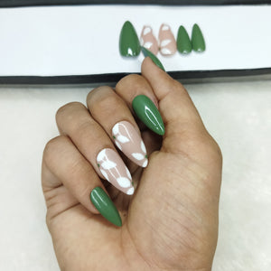 Glossy Green Nude Flowers Press on Nails Set // 648