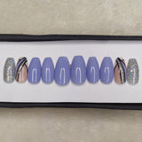 Glossy Blue Glitter Lines Print Press on Nails Set //882