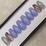 Glossy Blue Glitter Lines Print Press on Nails Set //882