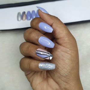 Glossy Blue Glitter Lines Print Press on Nails Set //882