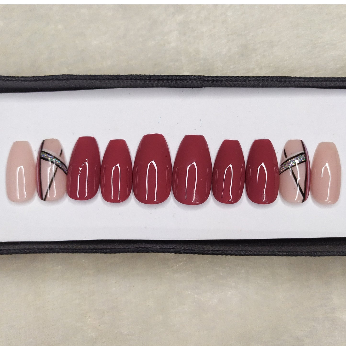 Glossy Rose Glitter Lines Print Press on Nails Set // 881