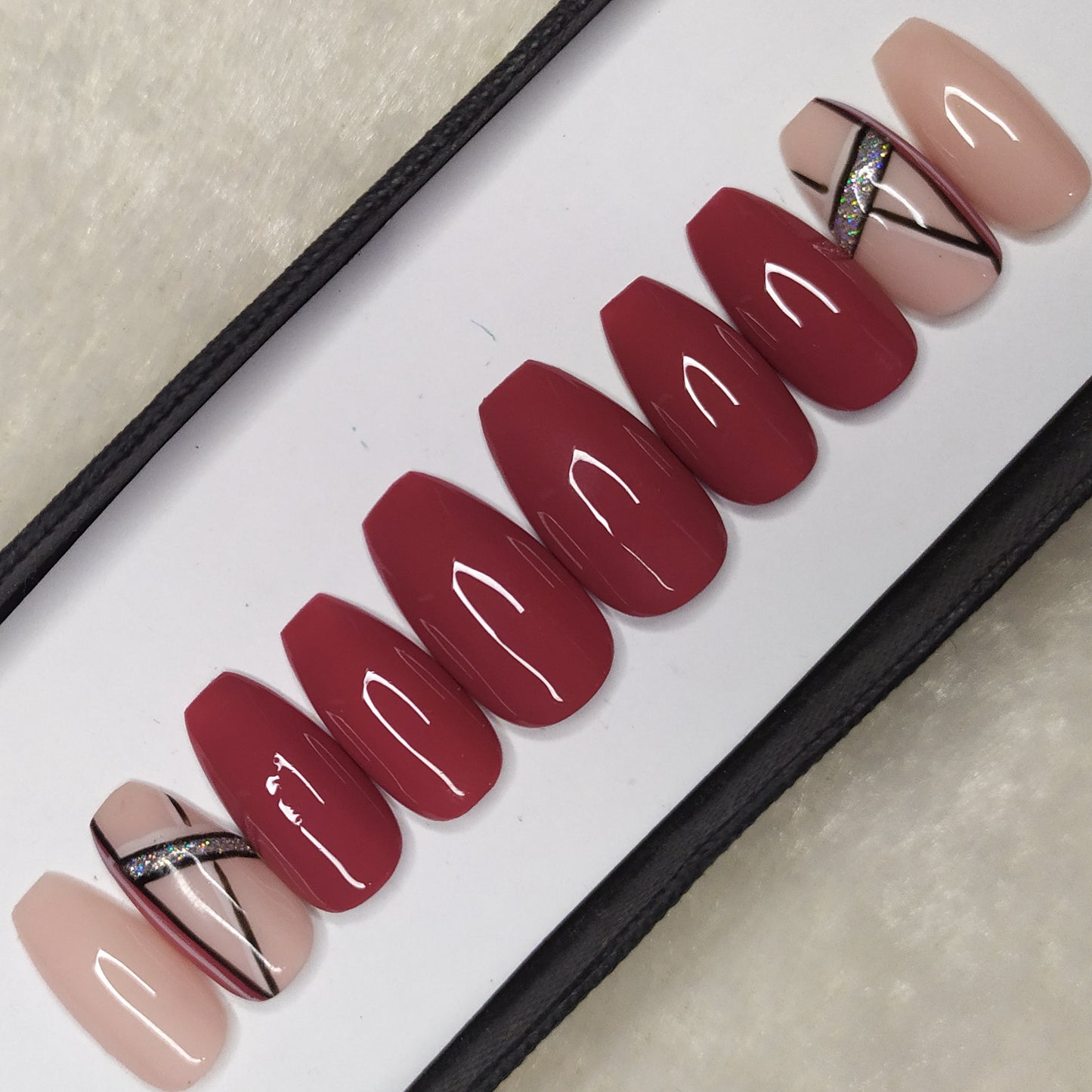 Glossy Rose Glitter Lines Print Press on Nails Set // 881