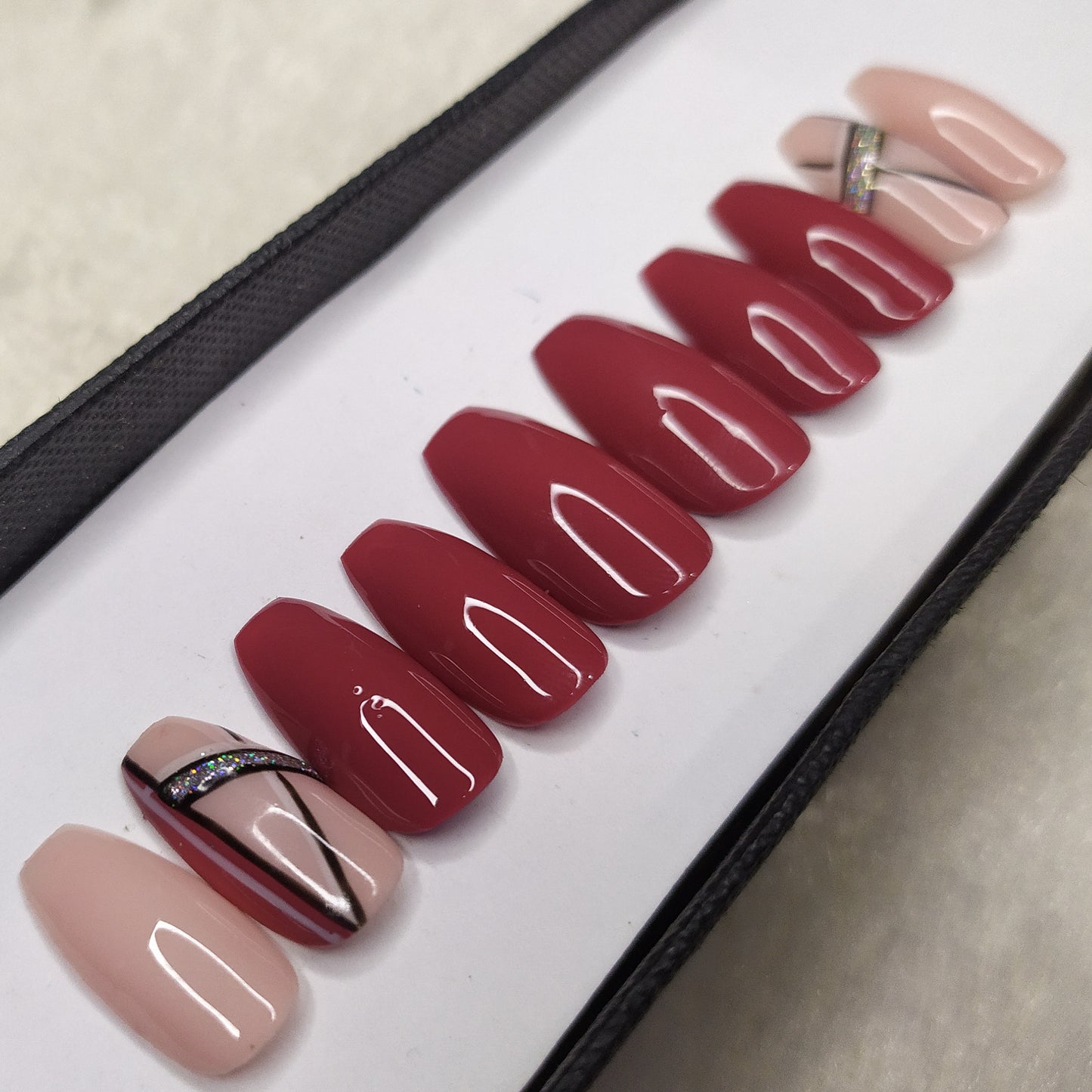 Glossy Rose Glitter Lines Print Press on Nails Set // 881