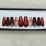 Matte Maroon Checkered Studded Press on Nails Set // 687