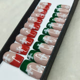 Christmas Collection : Glossy Green and Red Snowflakes Press on Nails Set