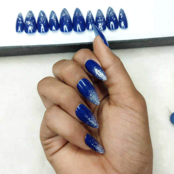Glossy Blue Glitter Ombre Print Press on Nails Set // 744