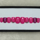 Glossy Pink Glitter Rhinestone Print Press on Nails Set // 745