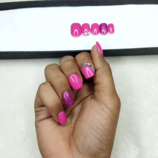 Glossy Pink Glitter Rhinestone Print Press on Nails Set // 745