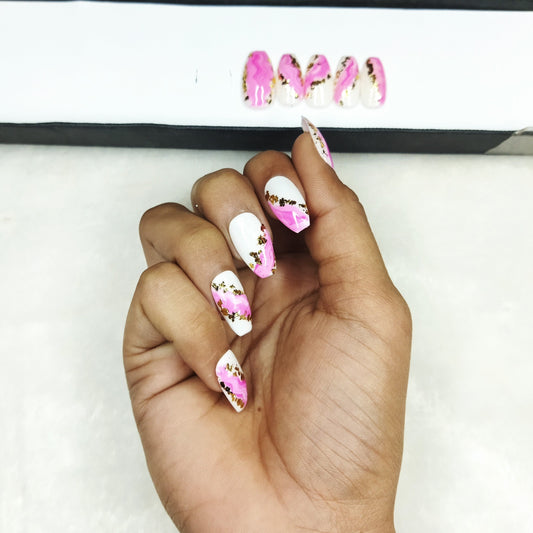 Glossy Pink Marble Print Press on Nails Set // 748