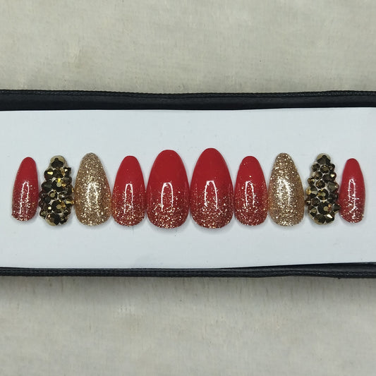 Glossy Red Glitter Rhinestone Print Press on Nails Set // 749