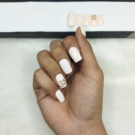 Glossy Light Pink Glitter Heart Print Press on Nails Set // 698