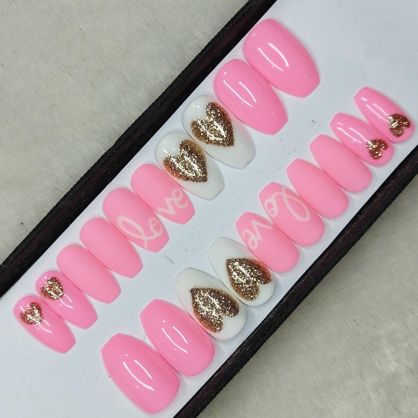 Valentine Collection: Glossy Light Pink Glitter Heart Press on Nails Set // 726