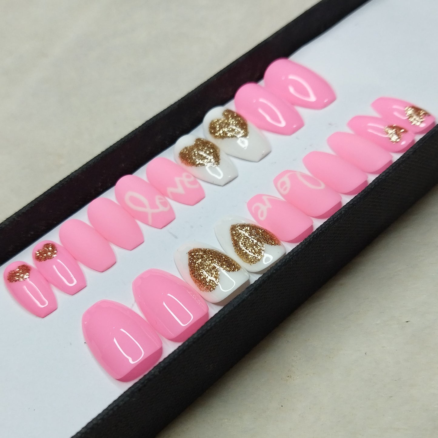 Valentine Collection: Glossy Light Pink Glitter Heart Press on Nails Set // 726