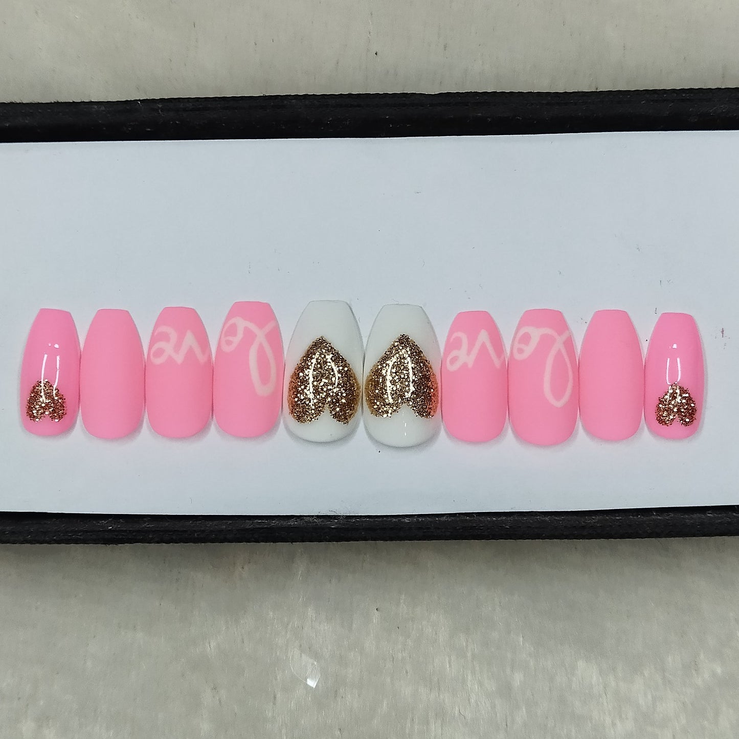 Valentine Collection: Glossy Light Pink Glitter Heart Press on Nails Set // 726