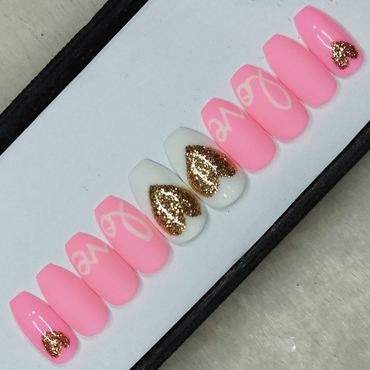 Valentine Collection: Glossy Light Pink Glitter Heart Press on Nails Set // 726