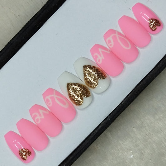 Valentine Collection: Glossy Light Pink Glitter Heart Press on Nails Set // 726