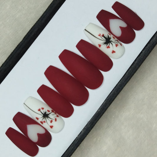 Valentine Collection: Matte Maroon Dandelion Hearts Press on Nails Set // 735