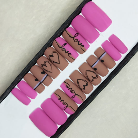 Valentine Collection: Matte Pink Love Heart Press on Nails Set // 731