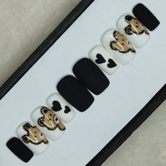 Valentine Collection: Matte Black Cute Teddy Bear Press on Nails Set //  730