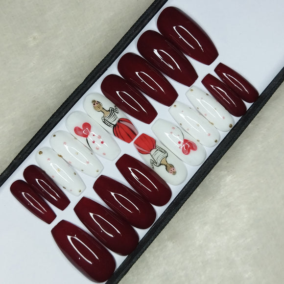 Valentine Collection: Glossy Maroon Cute Girl Press on Nails Set // 738