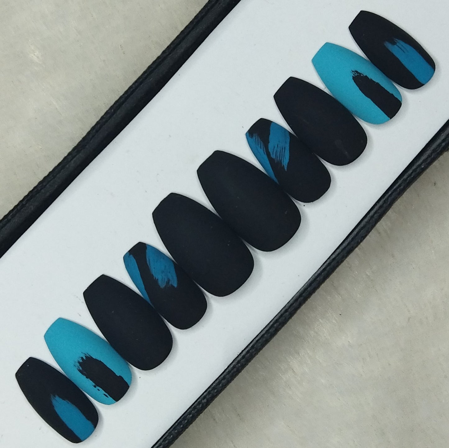 Matte Black & Blue Print Press on Nails Set // 841