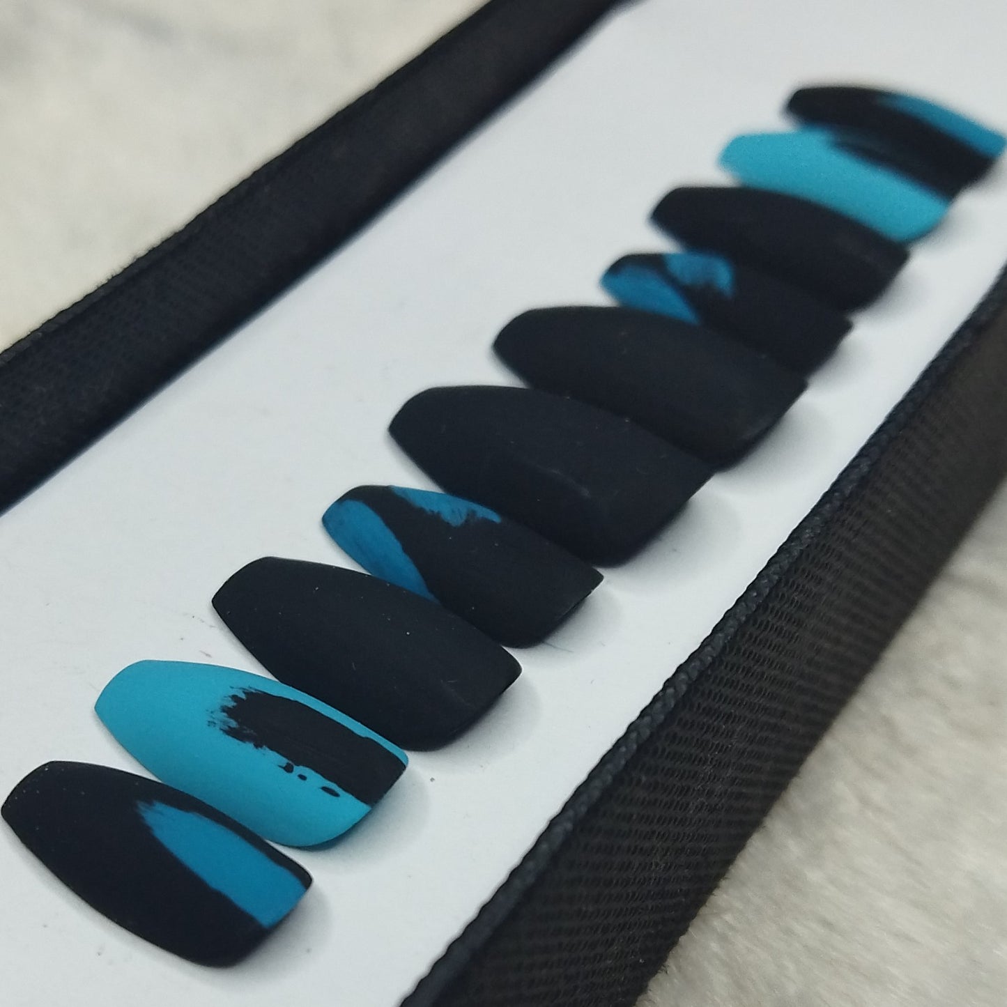Matte Black & Blue Print Press on Nails Set // 841
