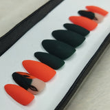 Matte Green & Orange Floral Print Press on Nails Set // 832