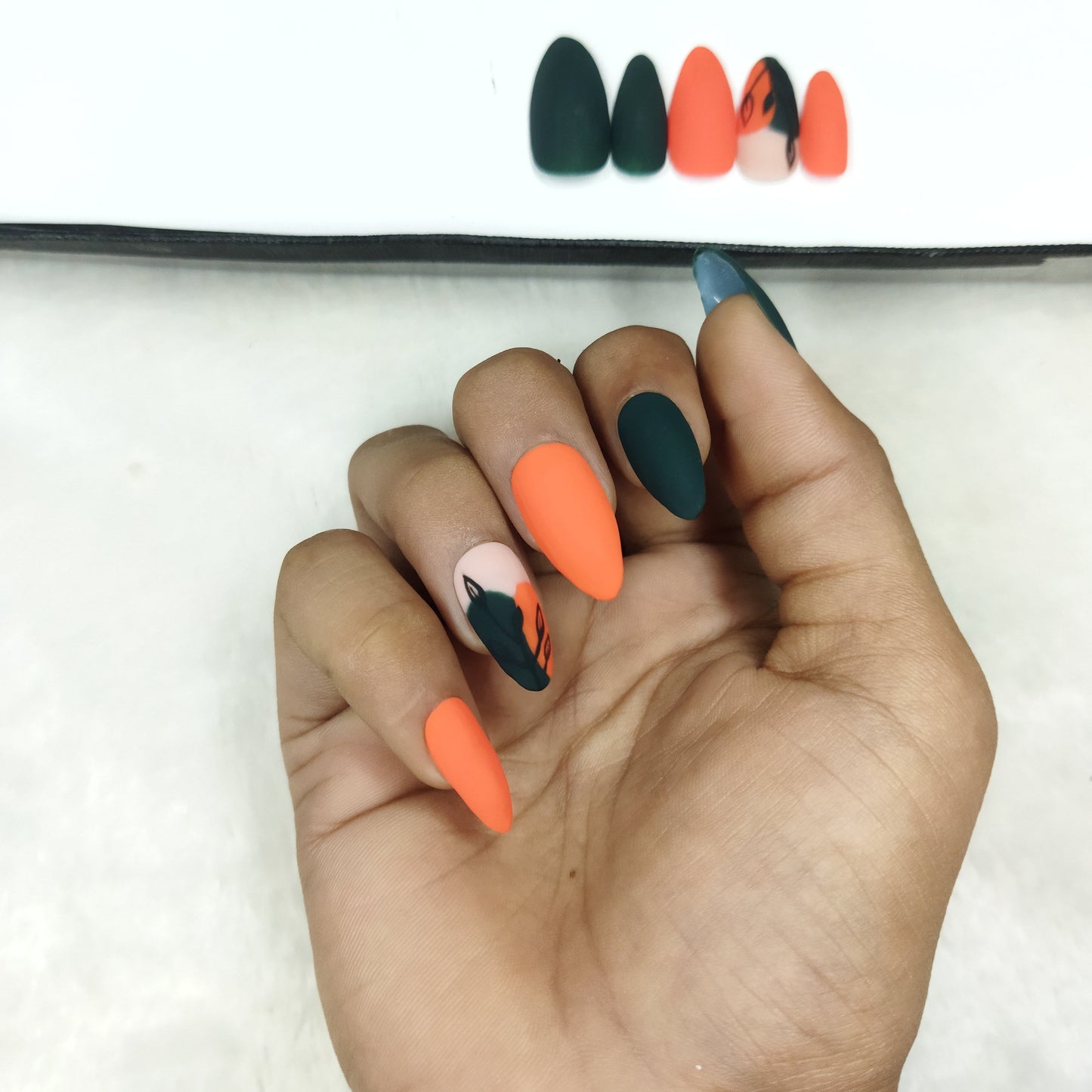 Matte Green & Orange Floral Print Press on Nails Set // 832