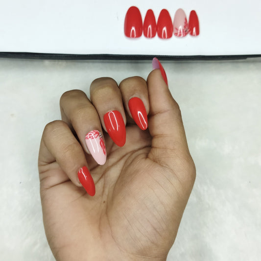 Glossy Red Floral Rhinestones Press on Nails Set// 829