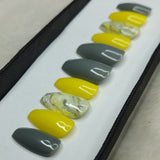 Glossy Gray & Yellow Marble Print Press on Nails Set // 826