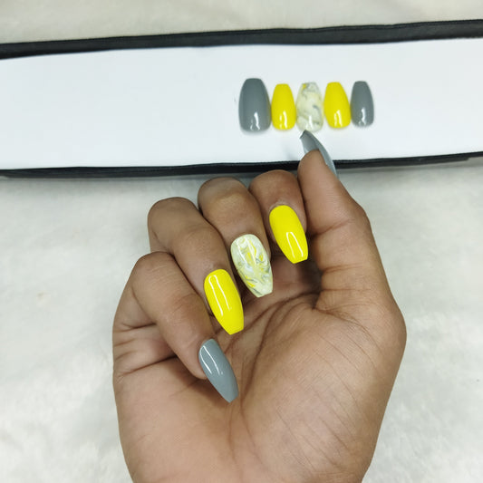 Glossy Gray & Yellow Marble Print Press on Nails Set // 826