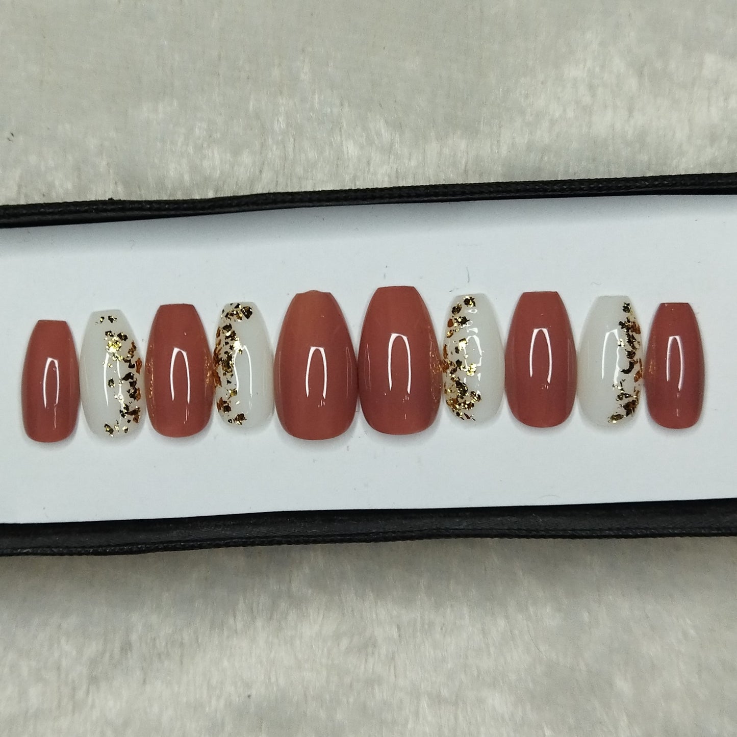 Glossy Nude Golden Foil Print Press on Nails Set // 794