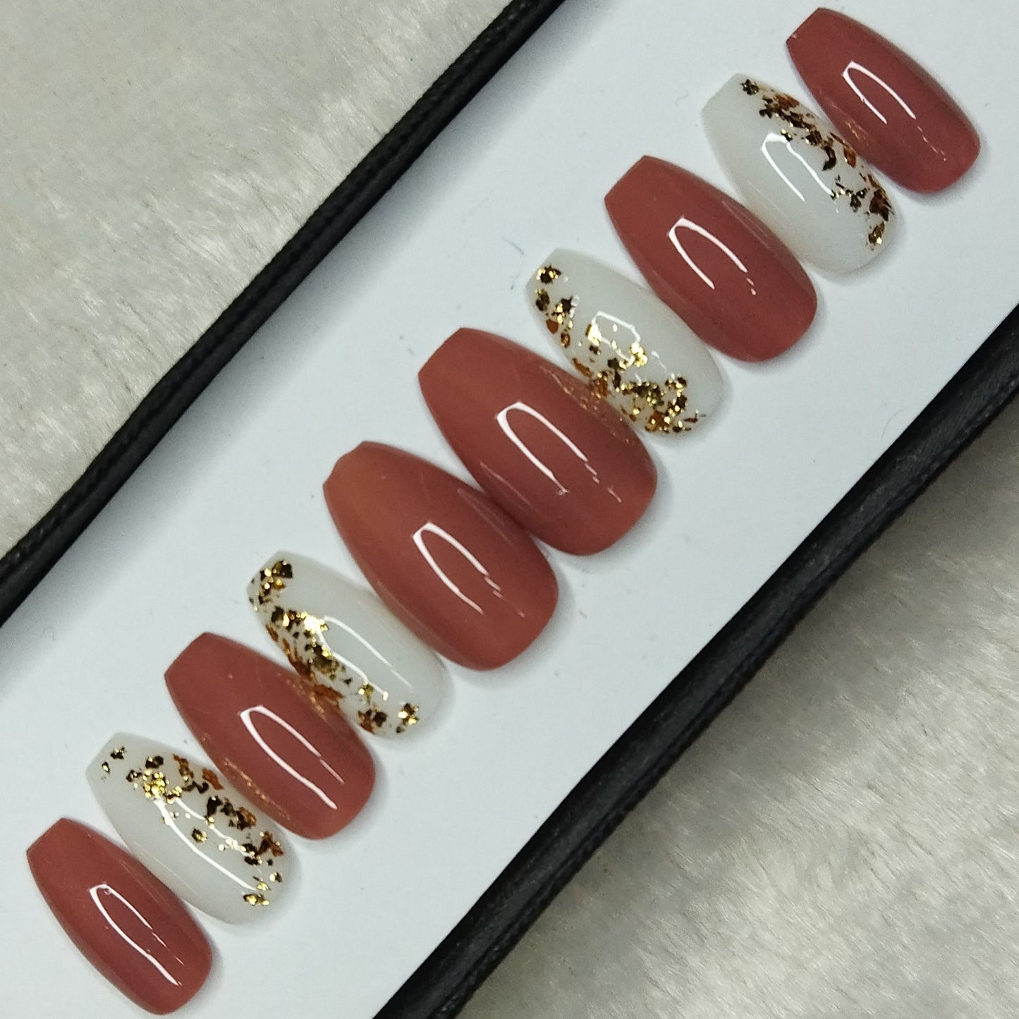 Glossy Nude Golden Foil Print Press on Nails Set // 794